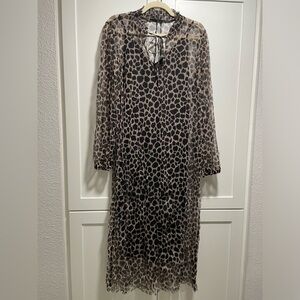 Zara Leopard Print Tulle Overlay Long Sleeve Dress